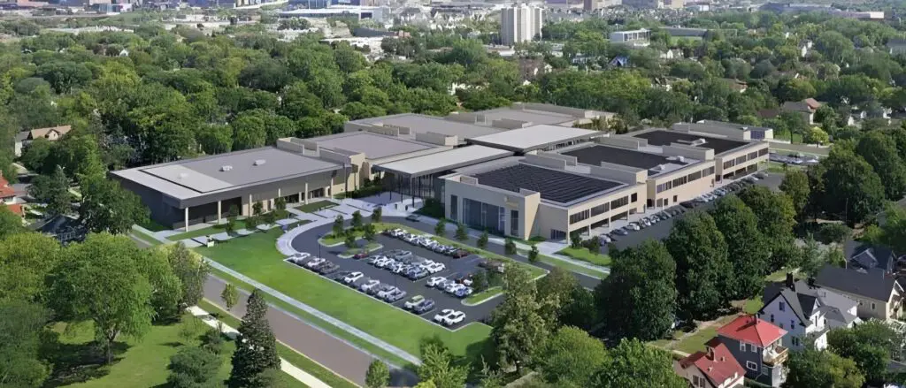 Aerial view of large modern office building