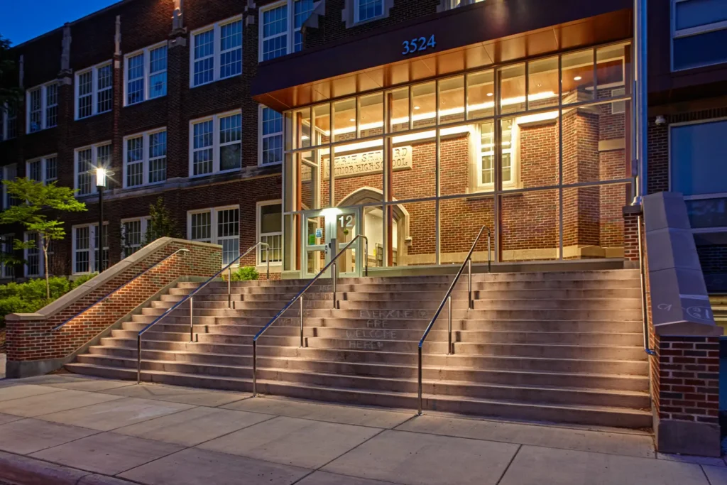School entrance at night